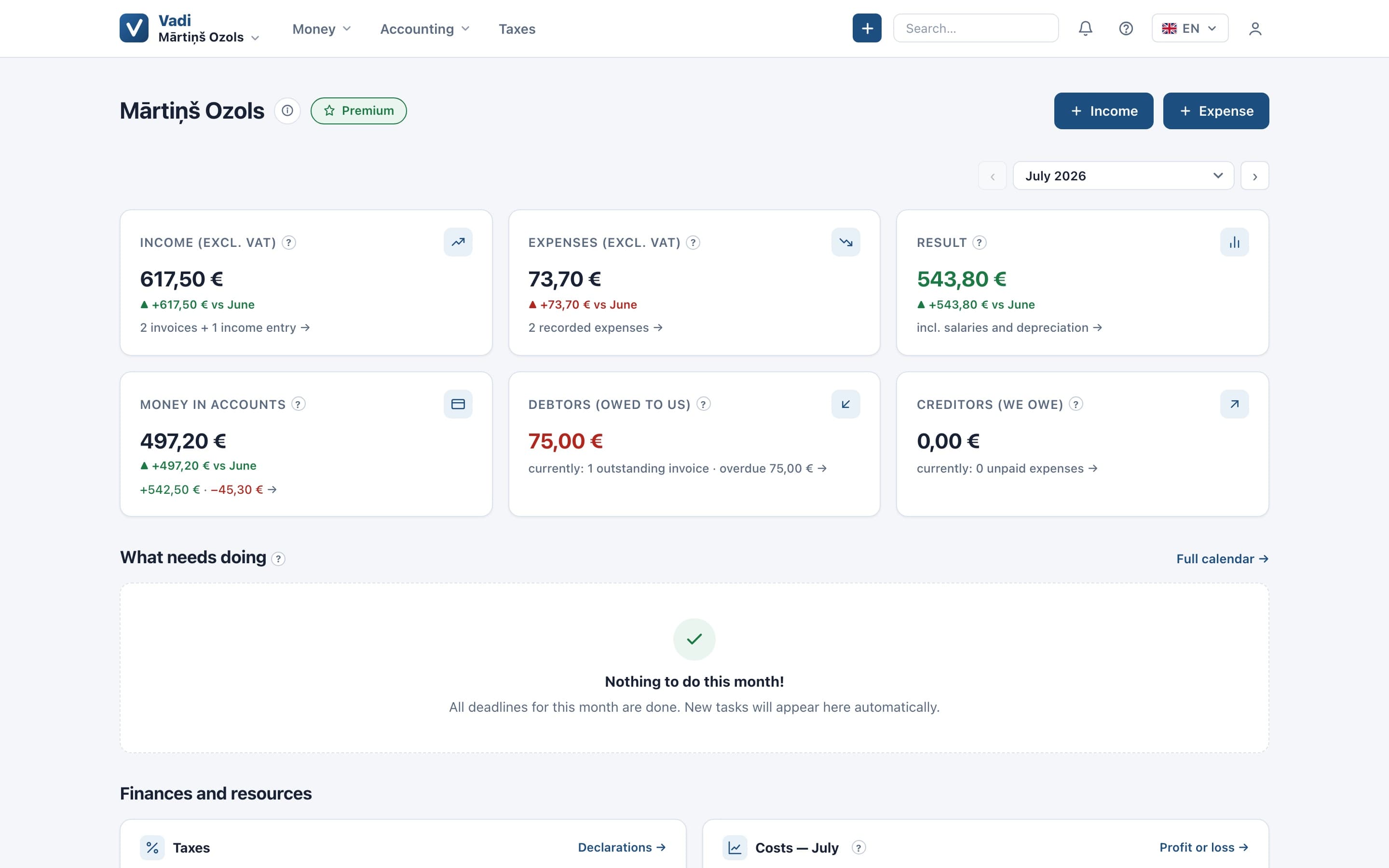 Vadi dashboard — July overview with income, expenses, result and the tax calendar